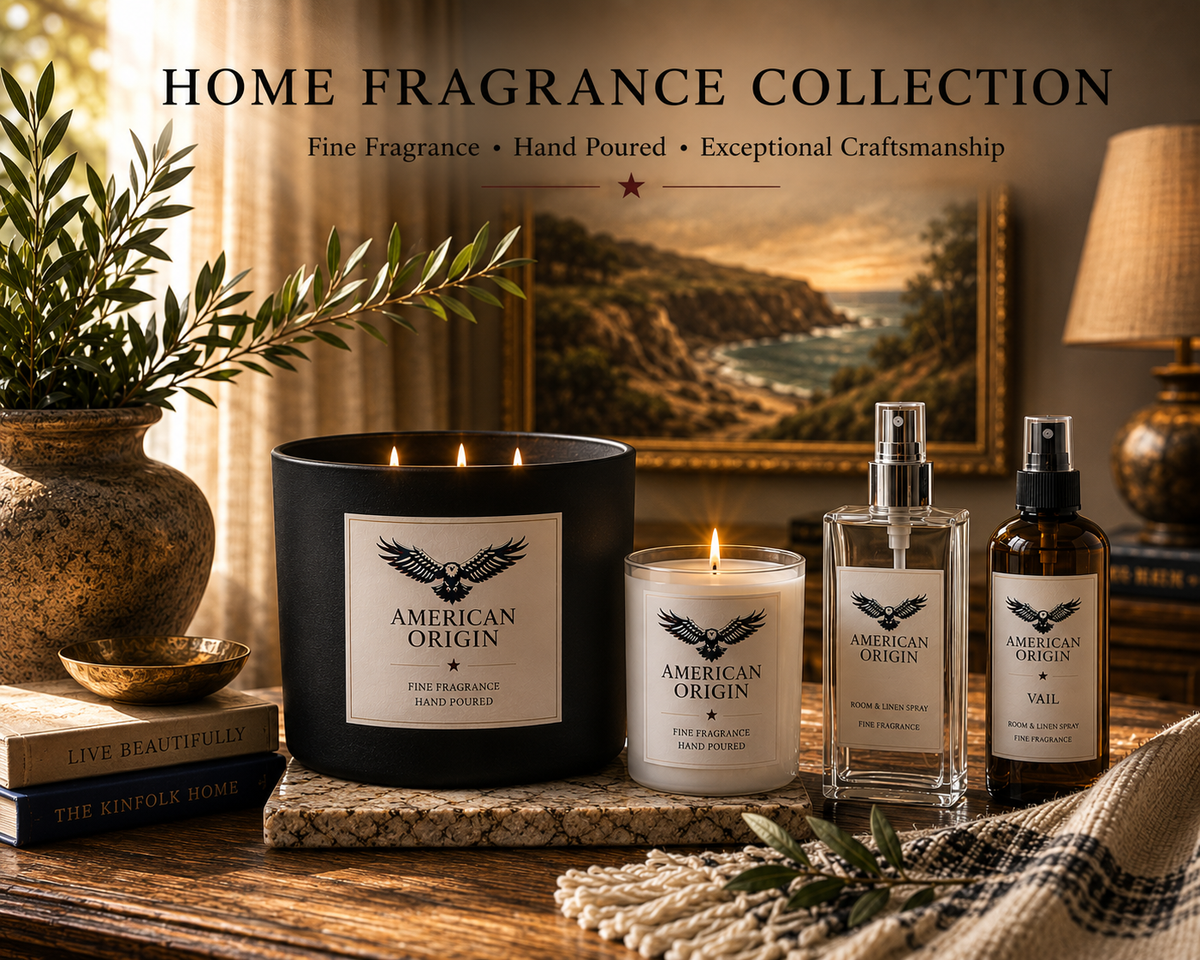 American Origin hand-poured candles and room and linen sprays on a wooden table