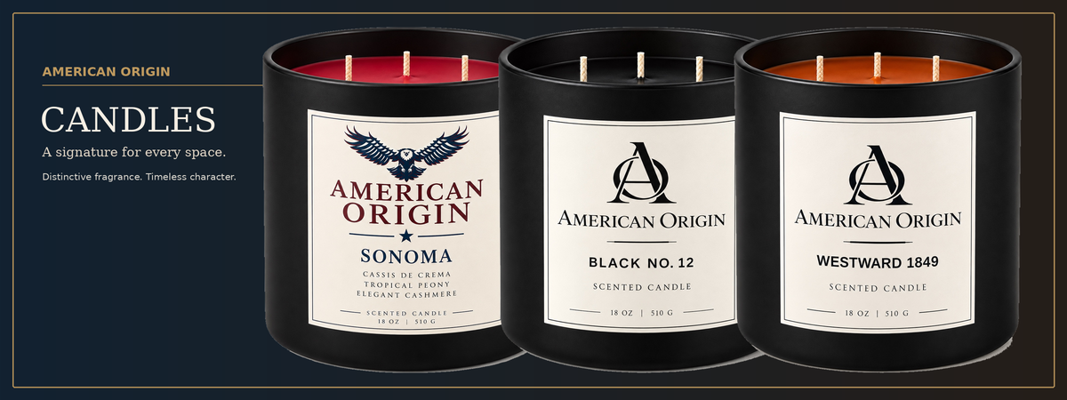 American Origin candle collection with enlarged Sonoma, Black No. 12, and Westward 1849 candles