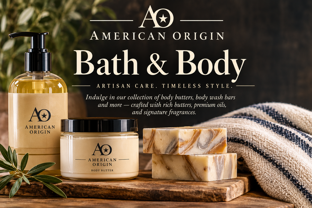 American Origin Bath & Body artisan body butter and body wash bars in a heritage-inspired still life