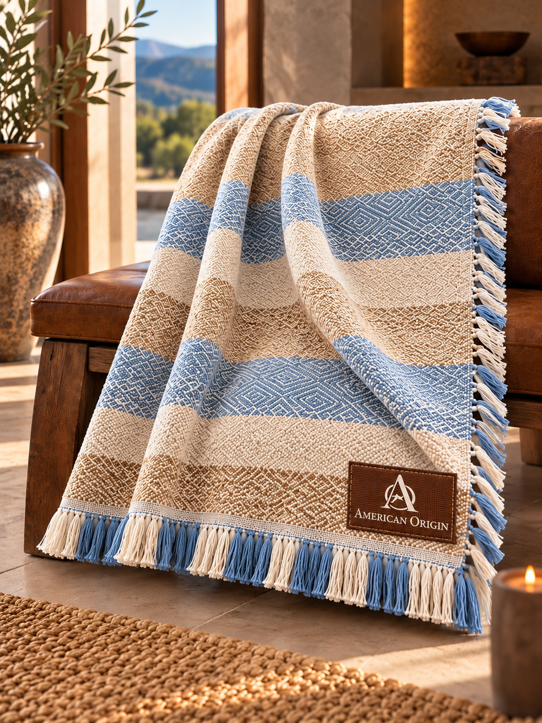 Monterey Bay Signature Heavy Throw in beige and light blue with brown American Origin woven logo patch
