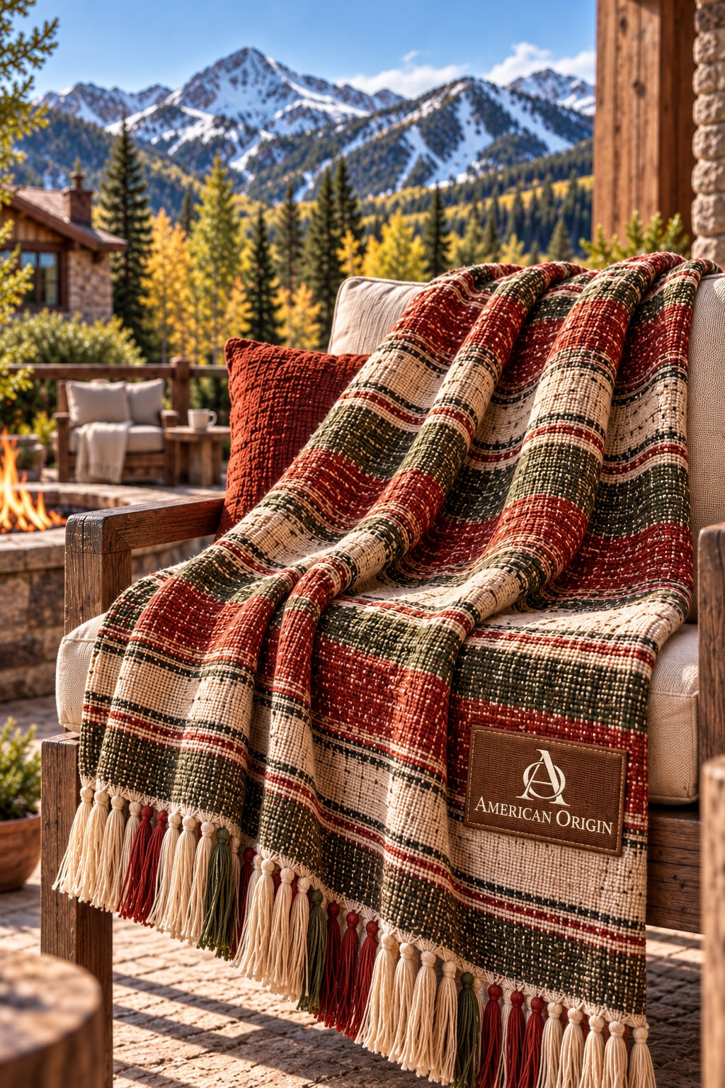 American Origin Santa Fe throw with rust, cream, and green woven pattern and brown AO patch
