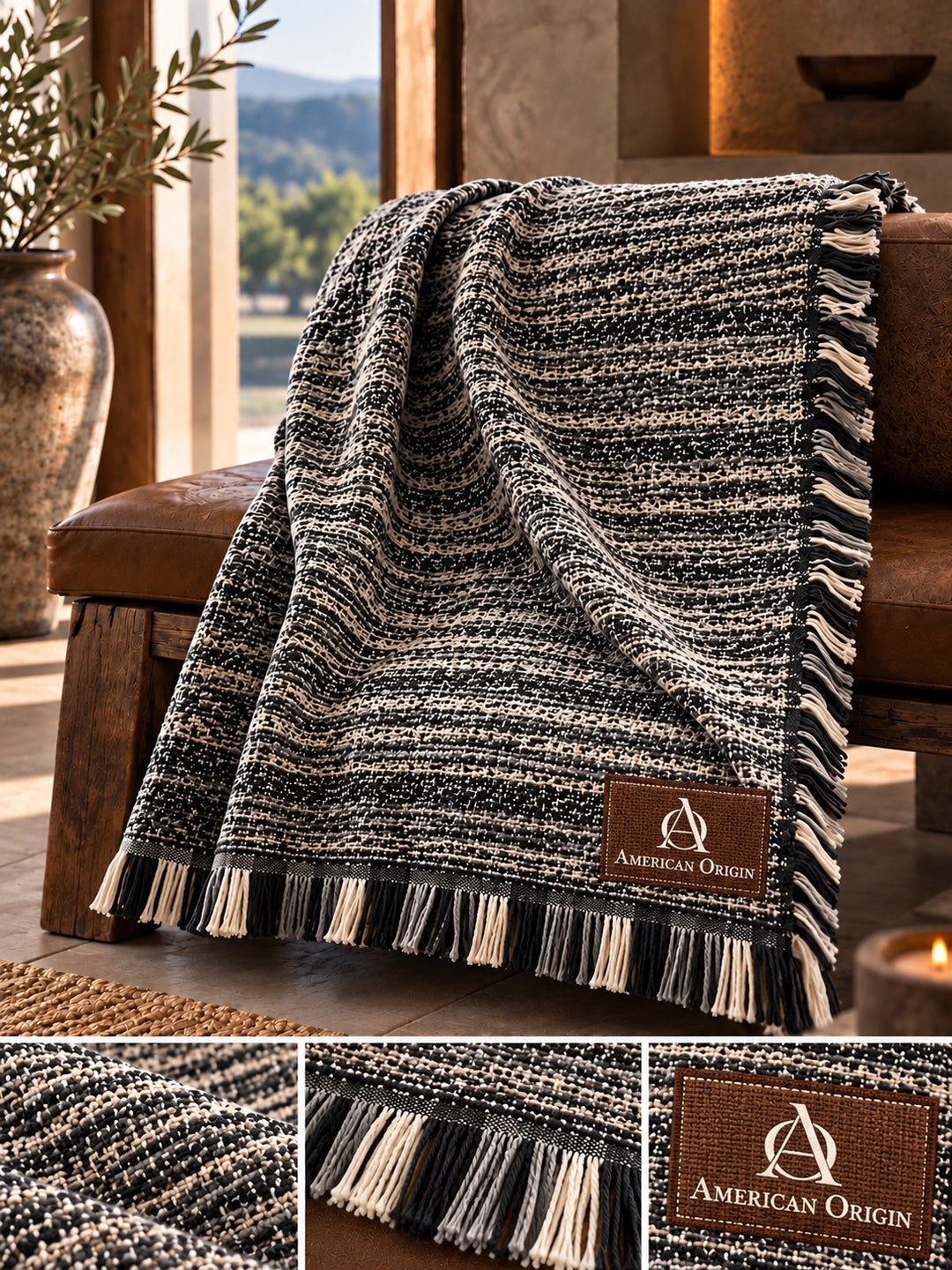 American Origin Vail gray woven throw with medium-brown damask woven logo patch